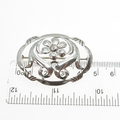 925 Sterling Silver Vintage Flower Blossom Oxidized Pin Brooch