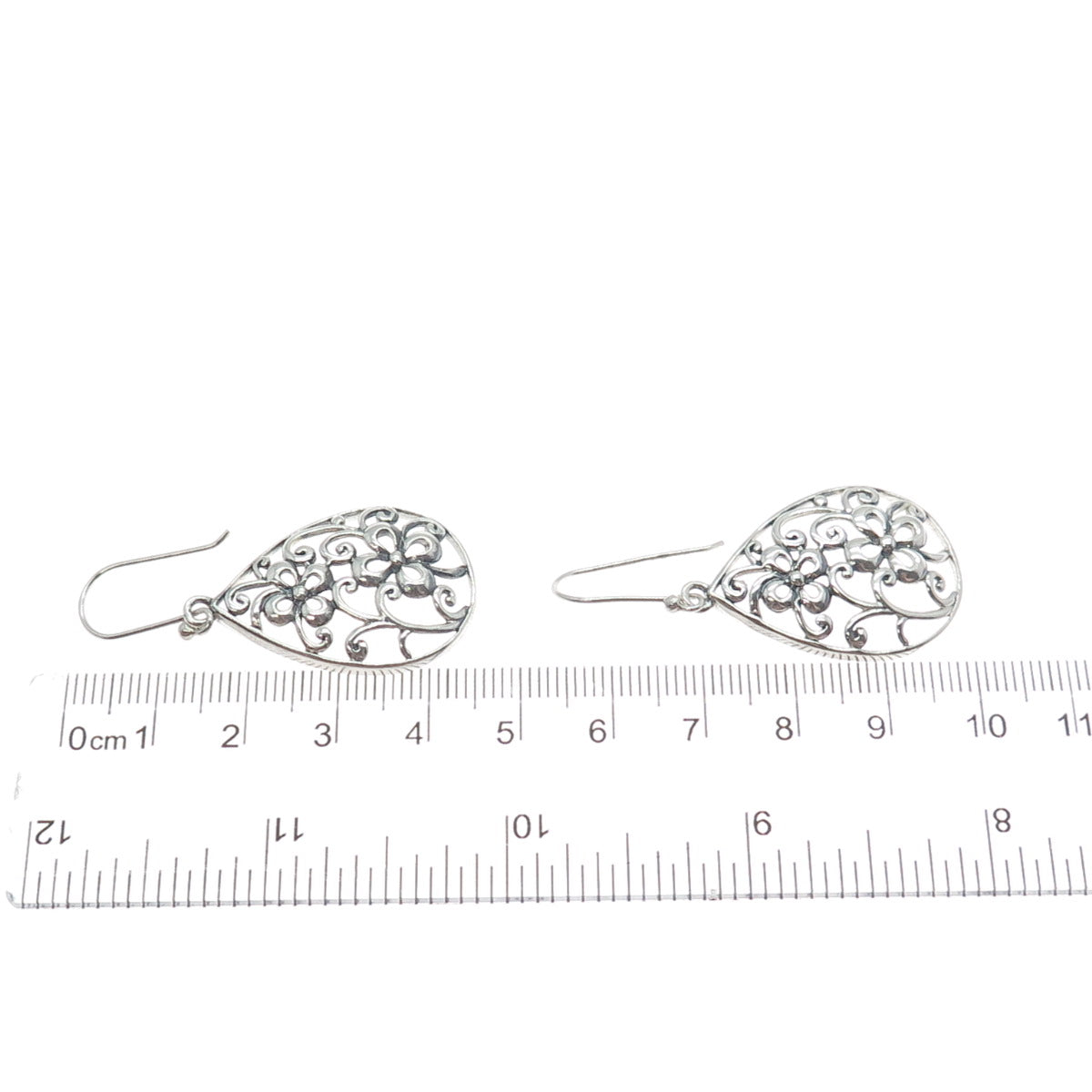 CHAPAL ZENRAY 925 Sterling Silver Vintage Ornate Flower Teardrop Dangle Earrings