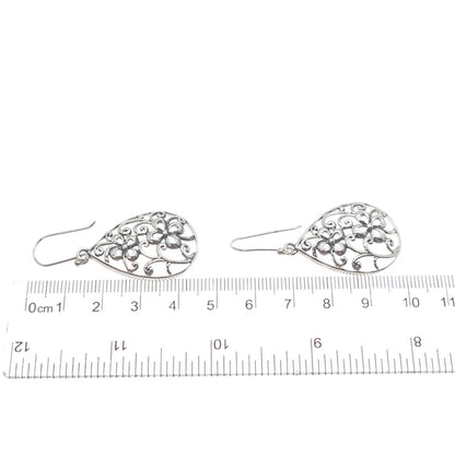 CHAPAL ZENRAY 925 Sterling Silver Vintage Ornate Flower Teardrop Dangle Earrings