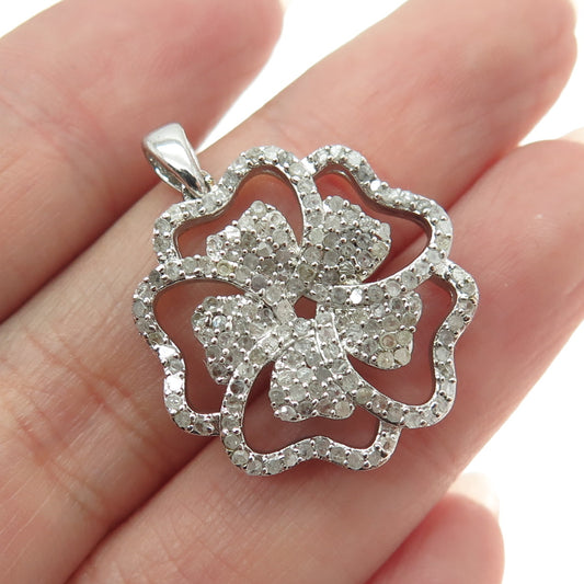 925 Sterling Silver Real Round-Cut Diamond Flower Pendant