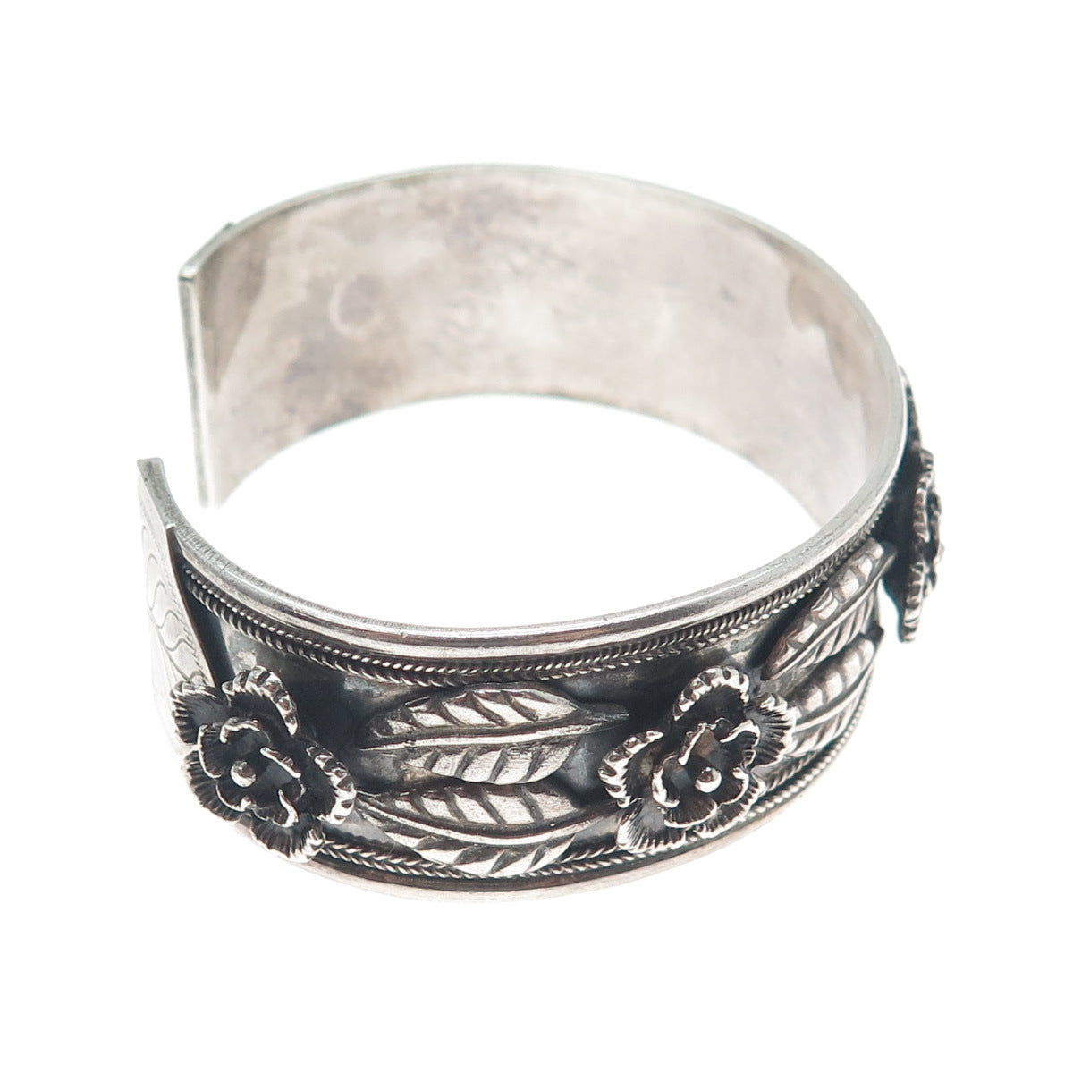 925 Sterling Silver Vintage MRF Flower Oxidized Adjustable Cuff Bracelet 7.25"