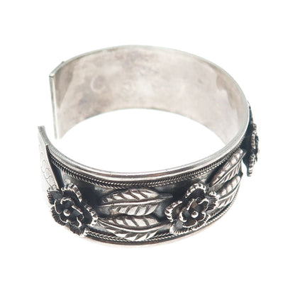 925 Sterling Silver Vintage MRF Flower Oxidized Adjustable Cuff Bracelet 7.25"
