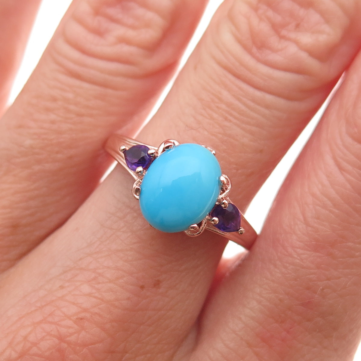 Chuck Clemency 925 Sterling Gold Plated Real Turquoise & Amethyst Ring Size 8.25