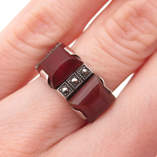 925 Sterling Silver Vintage Real Carnelian & Marcasite Oxidized Ring Size 4.5