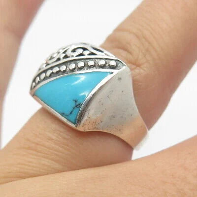 925 Sterling Silver Vintage Turquoise Gem Ornate Beaded Square Ring Size 6.25