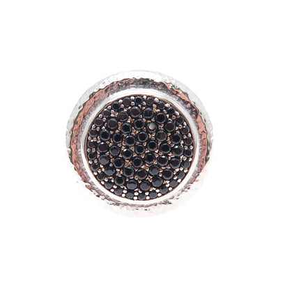 925 Sterling Silver Vintage Real Round-Cut Black Spinel Hammered Ring Size 8