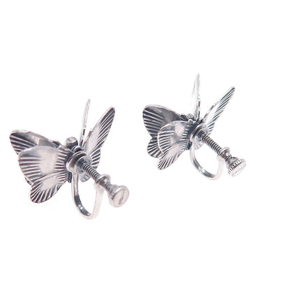 925 Sterling Silver Antique Art Deco Butterfly Oxidized Screw Back Earrings
