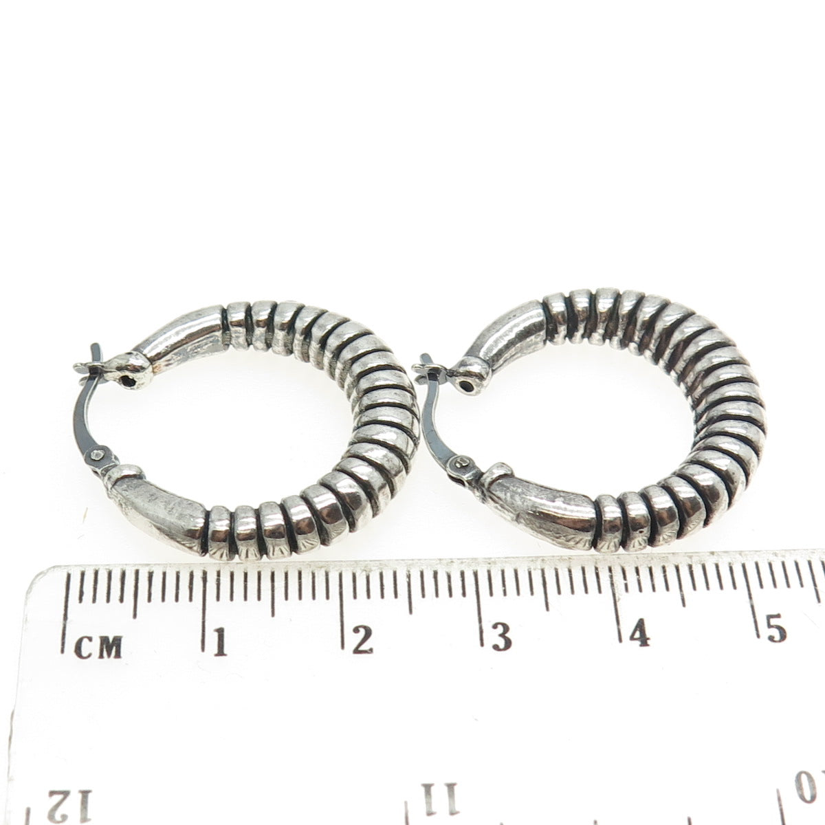 925 Sterling Silver Vintage Ribbed Oxidized Hoop Earrings