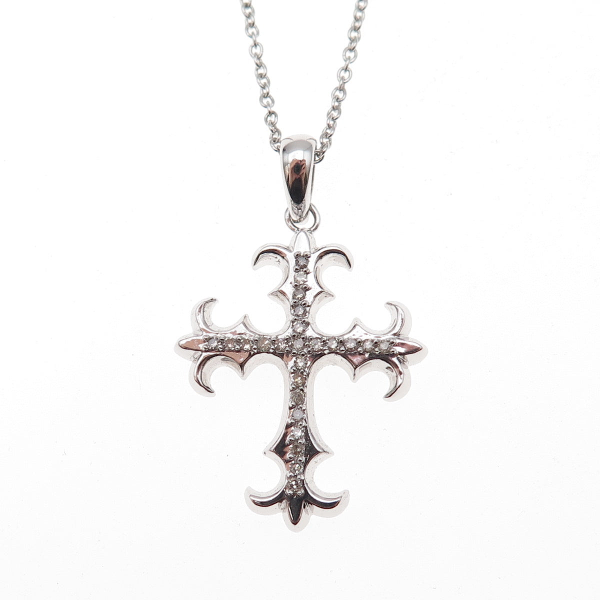 925 Sterling Mexico Real Diamond Fleur de Lis Cross Cable Chain Necklace 18"