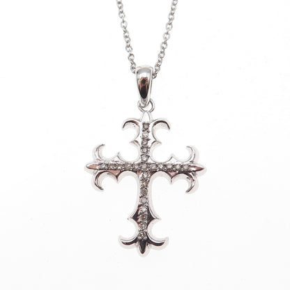 925 Sterling Mexico Real Diamond Fleur de Lis Cross Cable Chain Necklace 18"