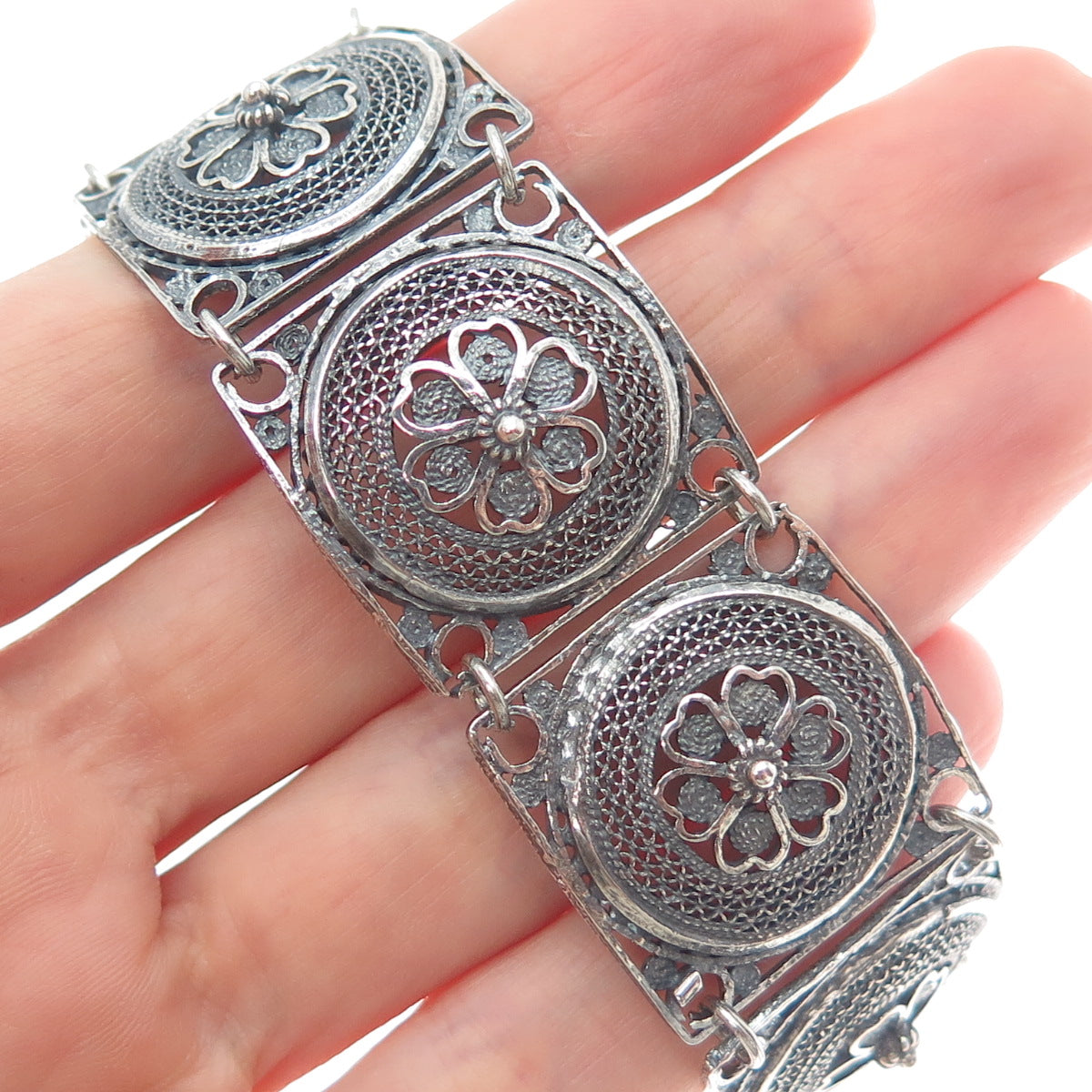 925 Sterling Silver Antique Flower Filigree Panel Link Oxidized Bracelet 7-8"