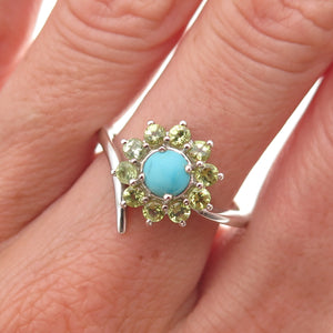Chuck Clemency 925 Sterling Silver Real Turquoise Peridot Floral Ring Size 8.25