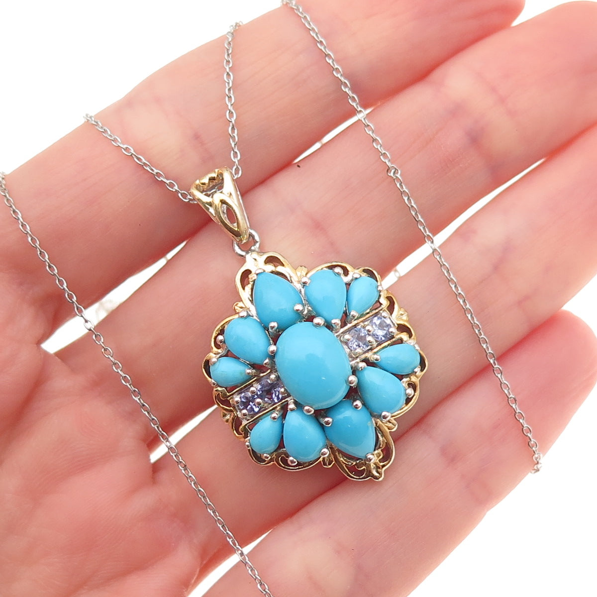 Chuck Clemency 925 Sterling Silver 2-Tone Real Turquoise Tanzanite Necklace 20"
