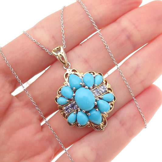 Chuck Clemency 925 Sterling Silver 2-Tone Real Turquoise Tanzanite Necklace 20"