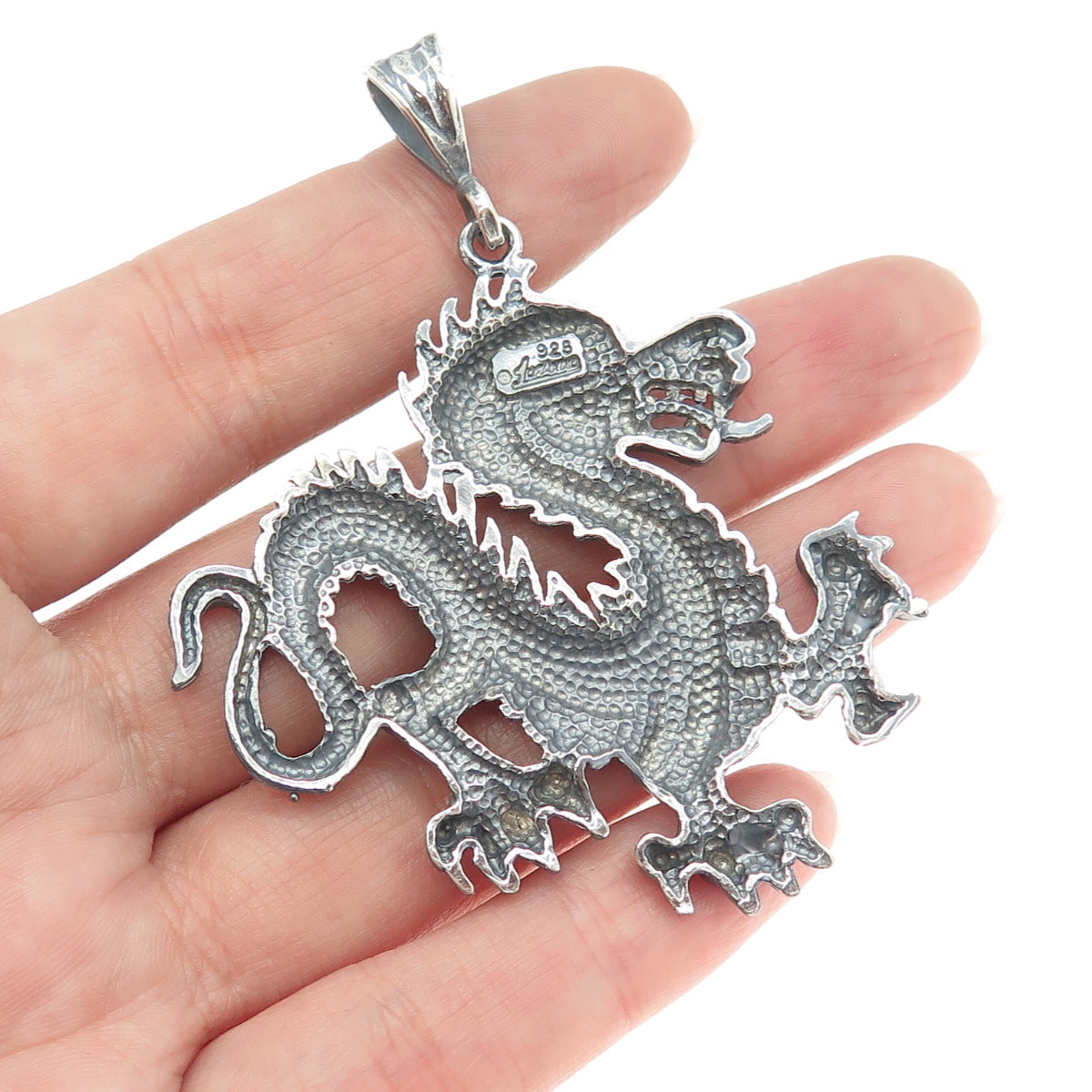 ONE OF A KIND 925 Sterling Silver Vintage Royal Dragon Oxidized Pendant