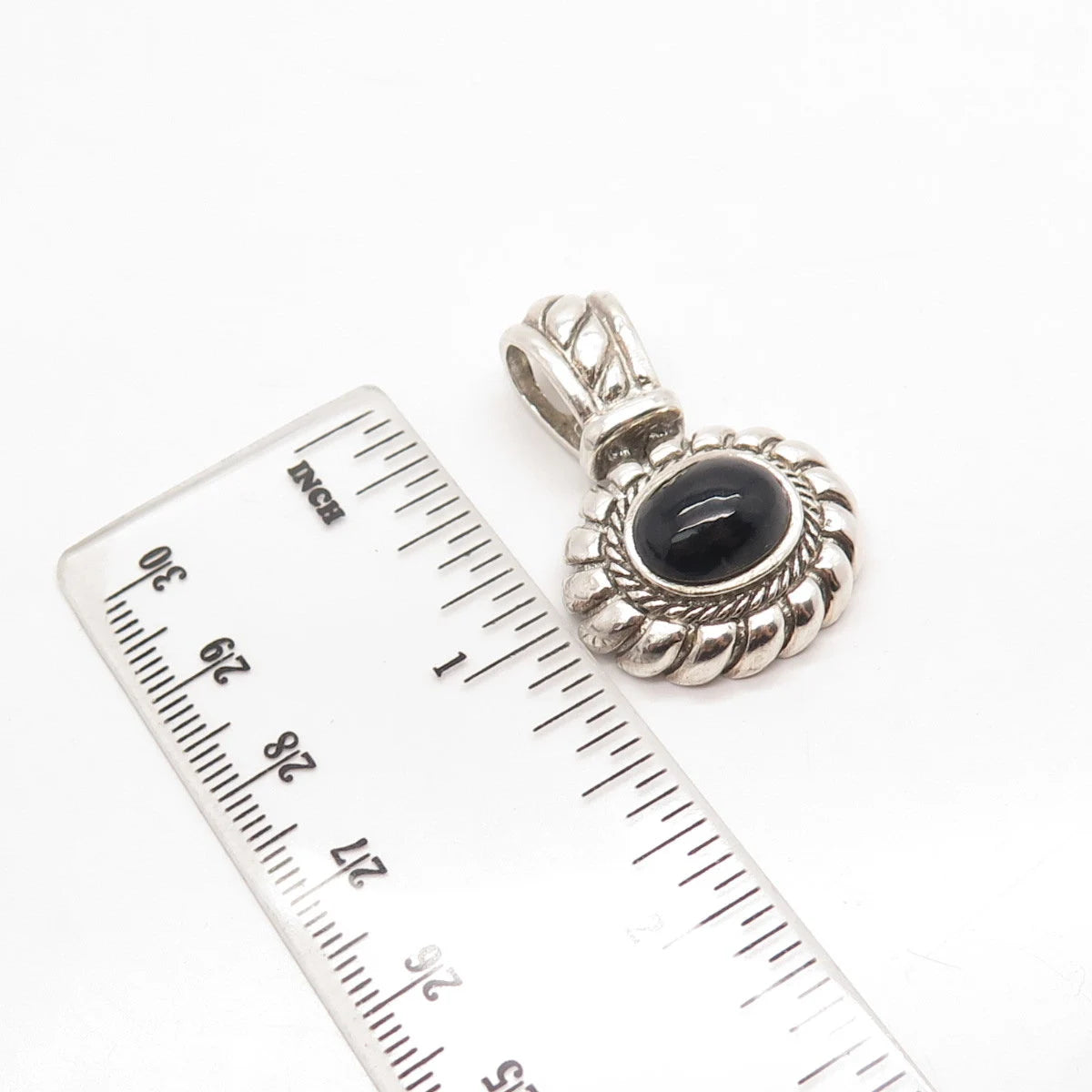 925 Sterling Silver Vintage Real Black Onyx Gem Twisted Oval Pendant