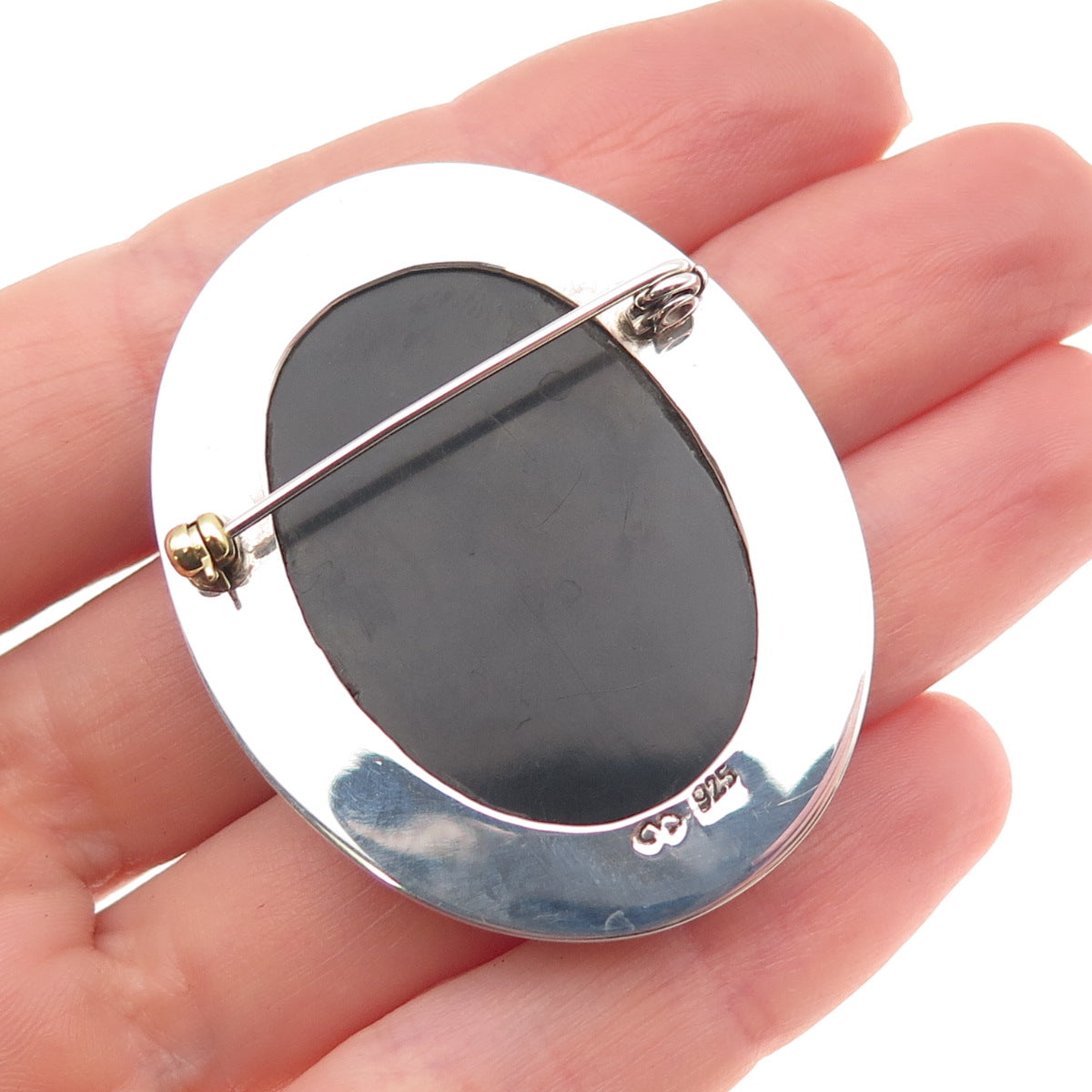 925 Sterling Silver 2-Tone Vintage Ceramic Buddha Cameo Pin Brooch