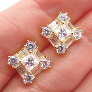 925 Sterling Silver Gold Plated Princess Emerald & Round-Cut C Z Stud Earrings