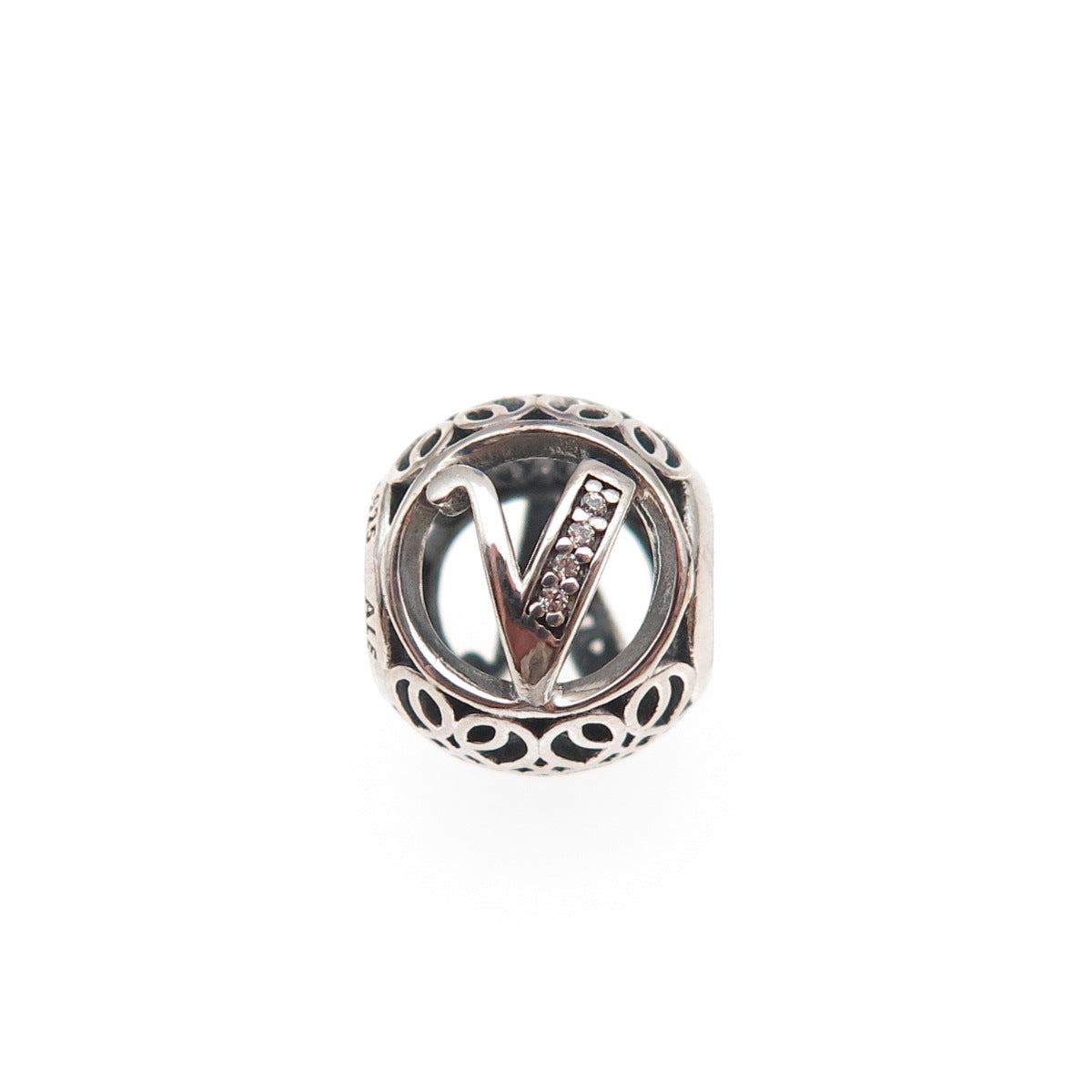 Pandora 925 Sterling Silver C Z Letter V Initial Slide Bead Charm
