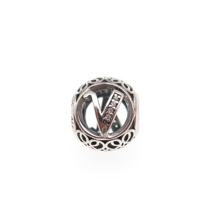 Pandora 925 Sterling Silver C Z Letter V Initial Slide Bead Charm