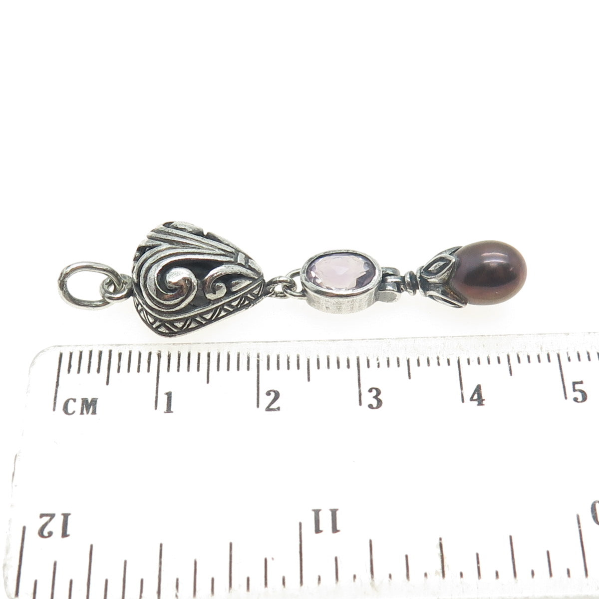 CHAPAL ZENRAY 925 Sterling Silver Vintage Real Pearl & Amethyst Oxidized Pendant