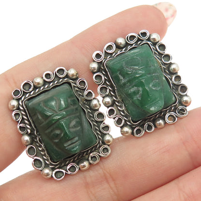 925 Sterling Silver Vintage Mexico Real Carved Jade Aztec Screw Back Earrings