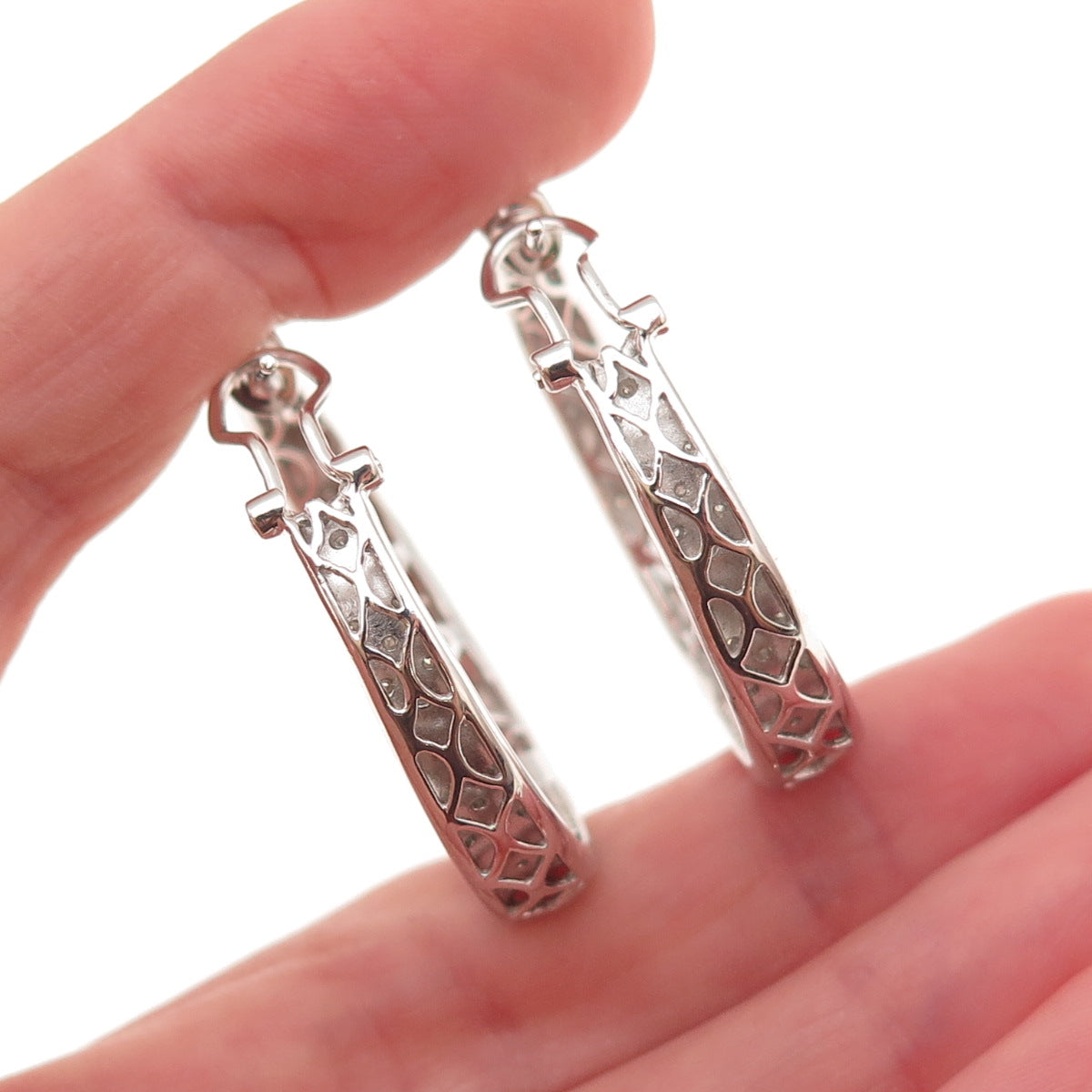 925 Sterling Silver Real Round-Cut Diamond In & Out Hoop Earrings