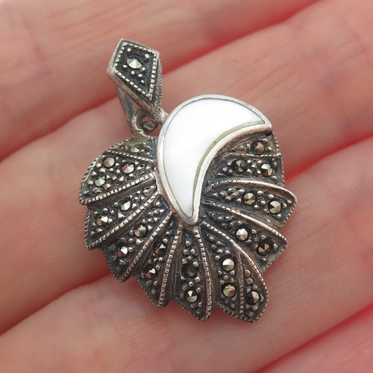 925 Sterling Silver Vintage Real MOP & Marcasite Heart Minimalist Charm Pendant