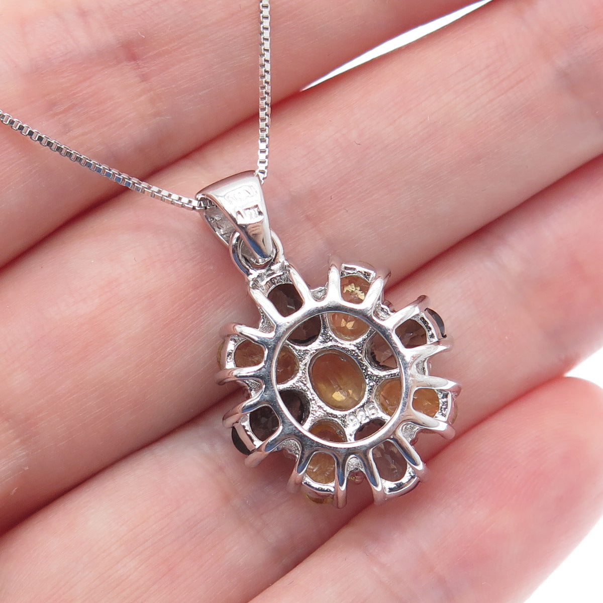 925 Sterling Silver ADI Real Smoky Quartz & Yellow Topaz Box Chain Necklace 18"