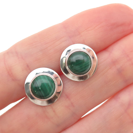 925 Sterling Silver Vintage Real Malachite Modernist Disc Stud Earrings