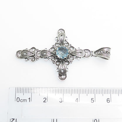 925 Sterling Silver Vintage Turkey Blue Topaz Gemstone Filigree Cross Pendant