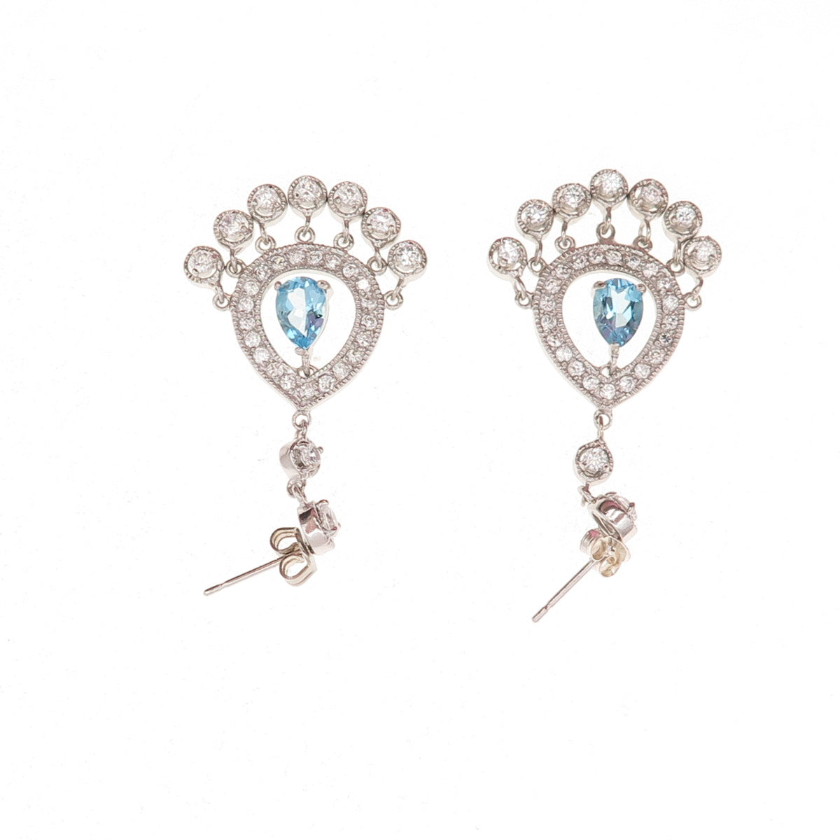 925 Sterling Silver Real Pear-Cut Blue Topaz & C Z Dangle Earrings