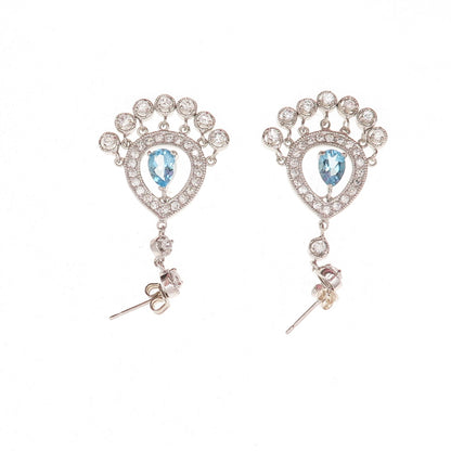 925 Sterling Silver Real Pear-Cut Blue Topaz & C Z Dangle Earrings