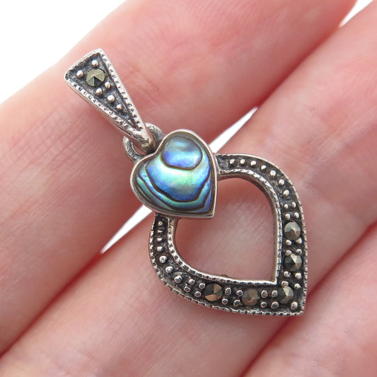 CHARLES WINSTON Sterling Vintage Real Abalone Shell & Marcasite Heart Pendant