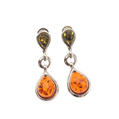925 Sterling Silver Vintage Real Amber Modernist Teardrop Dangle Earrings