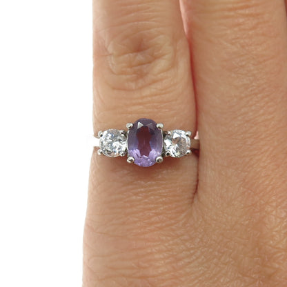 925 Sterling Silver Real Oval-Cut Amethyst & Round-Cut C Z Ring Size 5