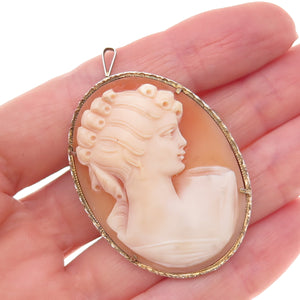 925 Sterling 2-Tone Antique Art Deco Real MOP Lady Cameo Pin Brooch / Pendant