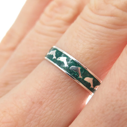 925 Sterling Silver Vintage Real Turquoise Inlay Dolphin Band Ring Size 6.75