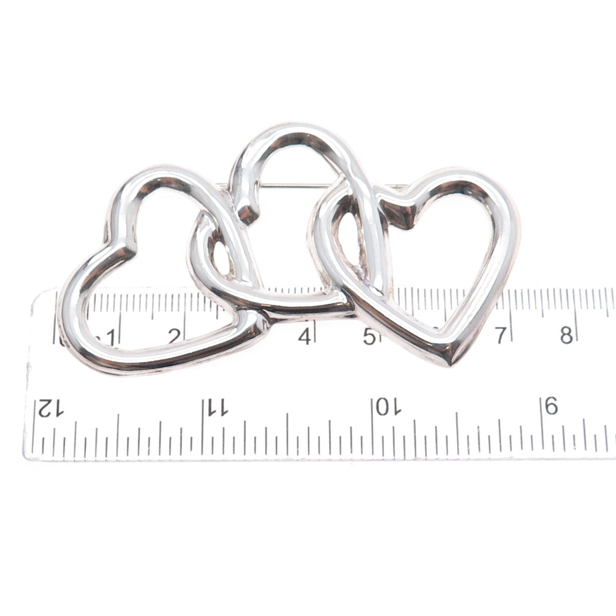 925 Sterling Silver Vintage Mexico Triple Interlocked Heart Pin Brooch