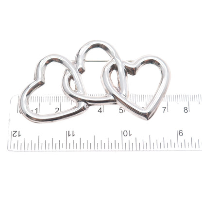 925 Sterling Silver Vintage Mexico Triple Interlocked Heart Pin Brooch