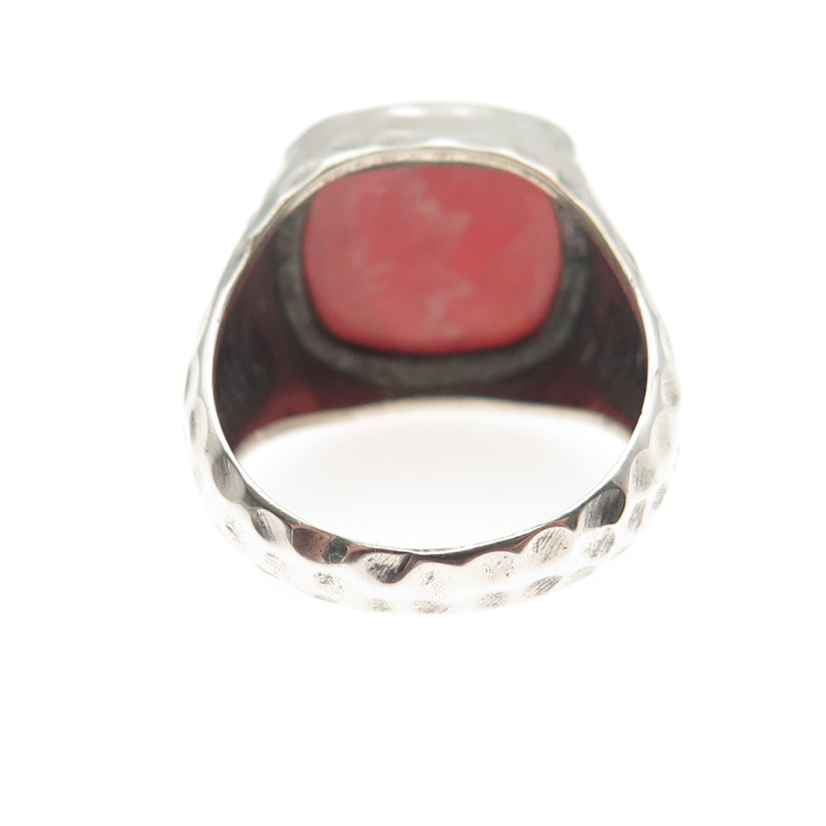 925 Sterling Silver Vintage Real Rhodochrosite Modernist Hammered Ring Size 8.25