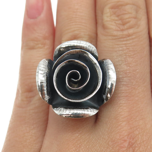 925 Sterling Silver Vintage Rose Flower Oxidized Statement Ring Size 6.75