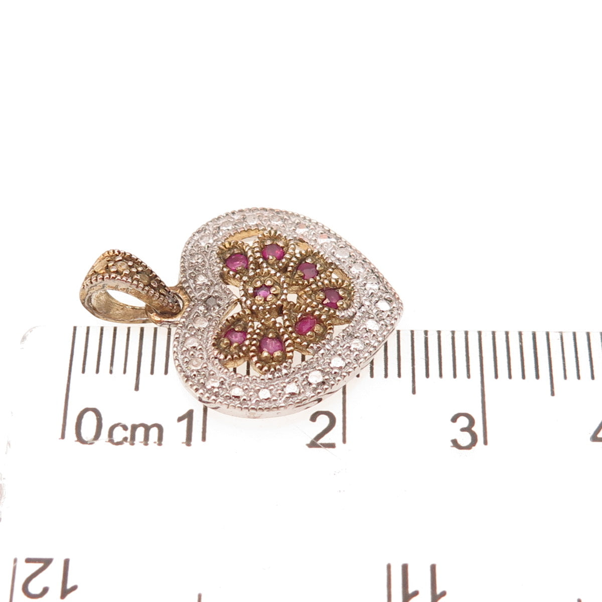 925 Sterling Silver 2-Tone Real Diamond Accent & Ruby Heart Charm Pendant