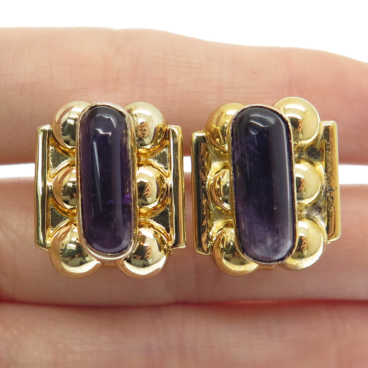 925 Sterling Silver Gold Plated Vintage Mexico Real Amethyst Screw Back Earrings