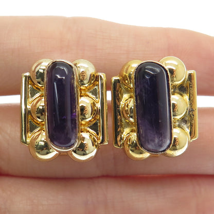 925 Sterling Silver Gold Plated Vintage Mexico Real Amethyst Screw Back Earrings