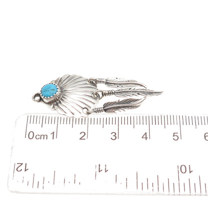 Old Pawn 925 Sterling Silver Vintage Turquoise Snake Eye Feather Tribal Pendant