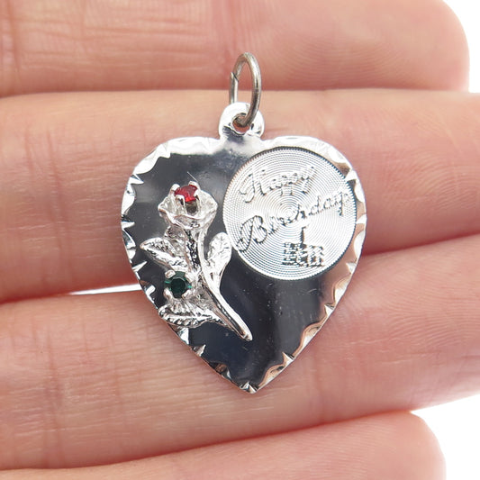 TOWN & COUNTRY Sterling Silver Vintage Rhinestone Happy Birthday Heart Pendant