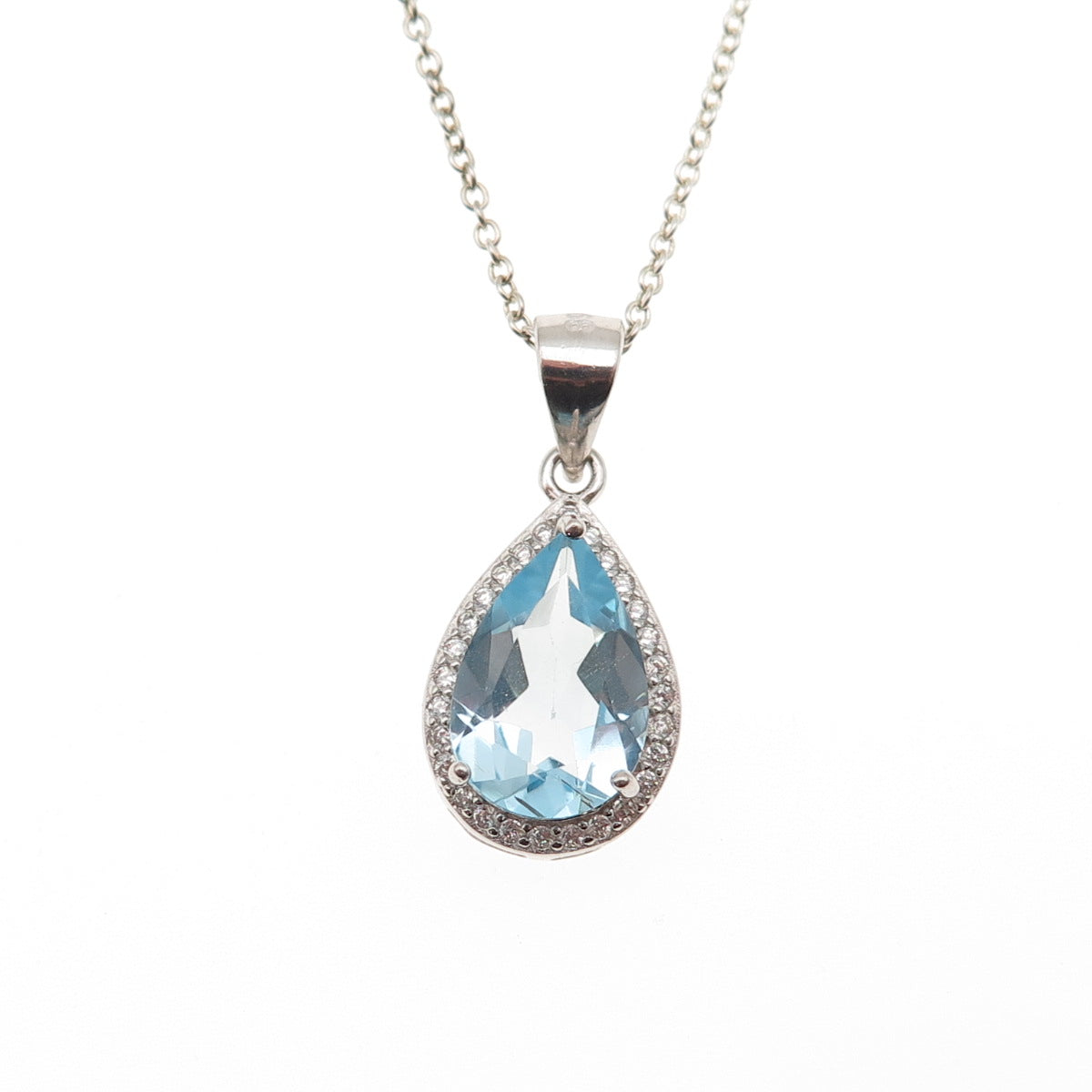 925 Sterling Silver Real Blue Topaz & C Z Teardrop Cable Chain Necklace 18"