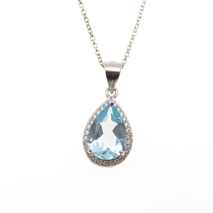 925 Sterling Silver Real Blue Topaz & C Z Teardrop Cable Chain Necklace 18"