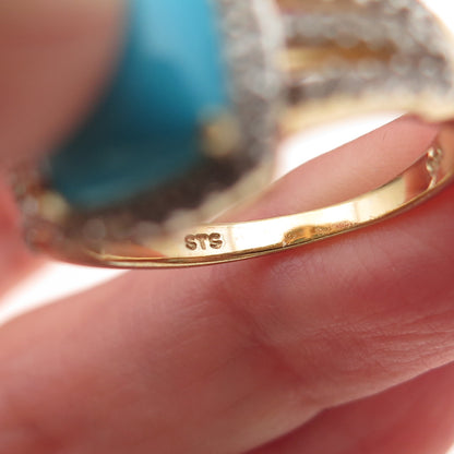 Chuck Clemency 925 Sterling Gold Plated Real Turquoise & White Topaz Ring Size 8